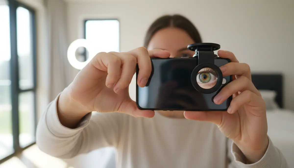 A person using a smartphone with a macro lens attachment to photograph their own eye in a well-lit room, demonstrating proper technique and setup., high-quality photography, professional lighting, sharp focus, realistic, detailed
