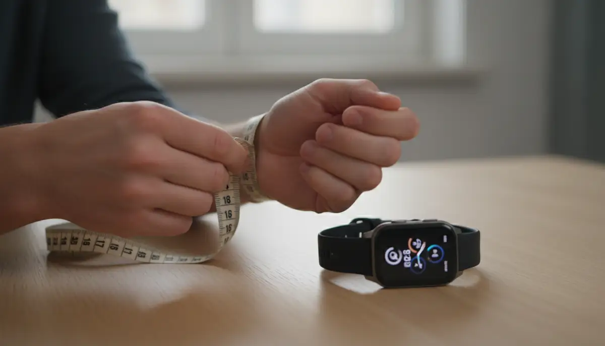 A person using a soft measuring tape to measure their wrist circumference, with a modern smartwatch on the table., high-quality photography, professional lighting, sharp focus, realistic, detailed