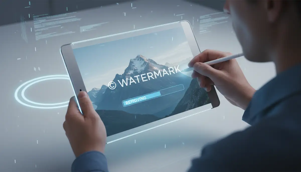A person using an AI-powered online tool to effortlessly remove a watermark from a high-resolution photograph on a modern tablet, with a clean, futuristic interface., high-quality photography, professional lighting, sharp focus, realistic, detailed