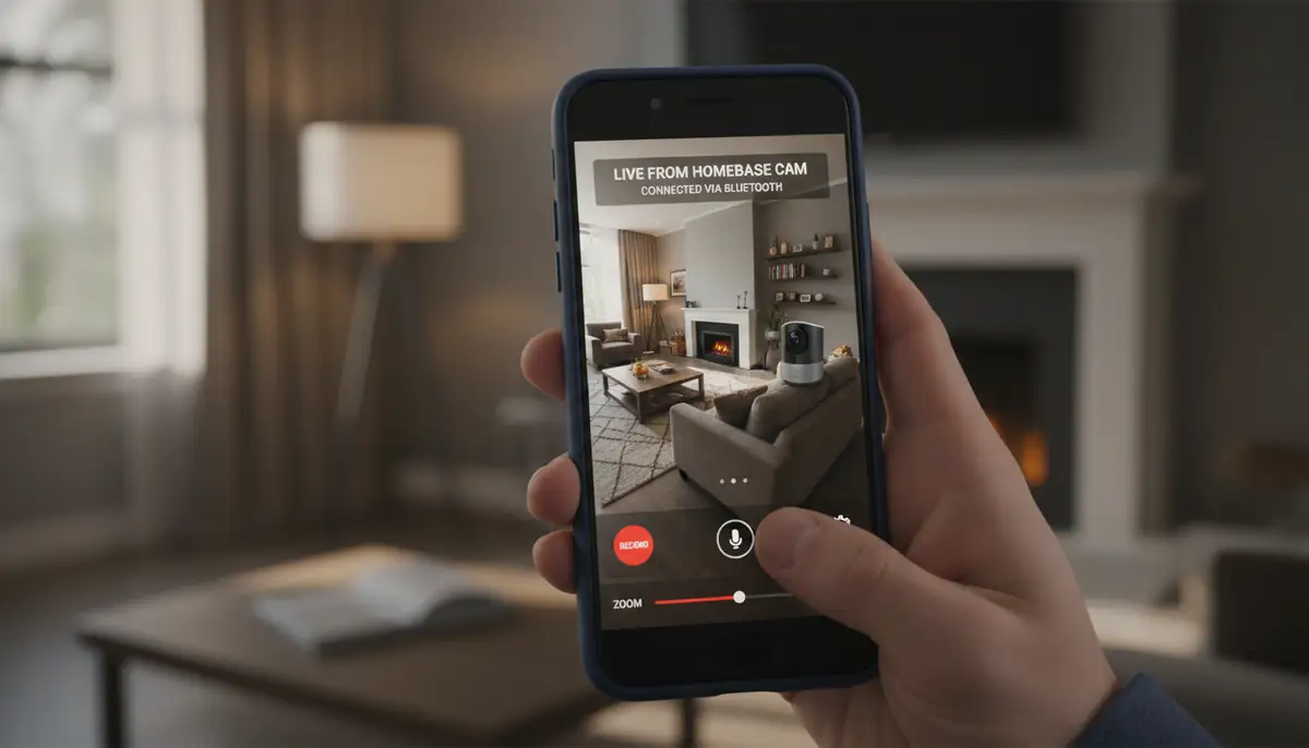 A person using an Android phone to monitor a live feed from a Bluetooth security camera placed in a home, demonstrating remote viewing capabilities., high-quality photography, professional lighting, sharp focus, realistic, detailed