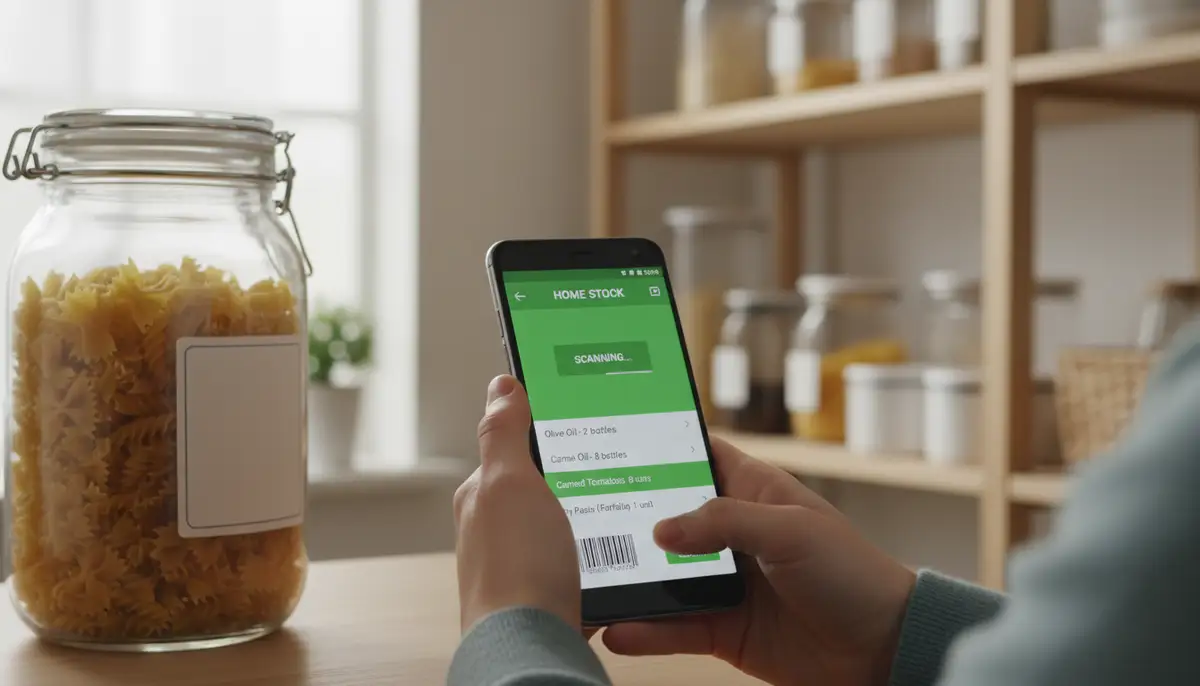 A person using an Android phone to scan a barcode on a household item, with a digital inventory list visible on the screen, set in a modern, organized home., high-quality photography, professional lighting, sharp focus, realistic, detailed