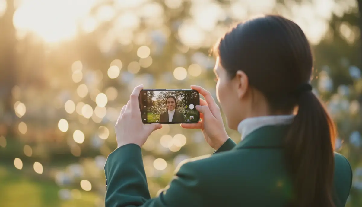 A person using an Android phone to take a professional-looking portrait photo, with a soft, artistic bokeh effect in the background, demonstrating good composition., high-quality photography, professional lighting, sharp focus, realistic, detailed
