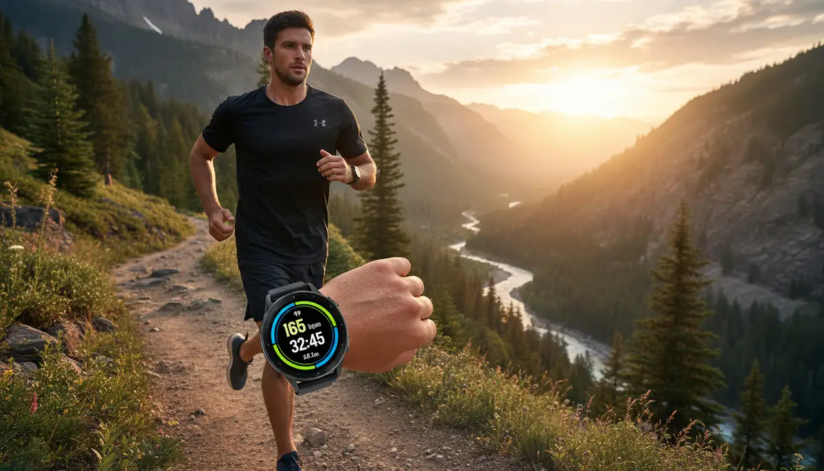 A person wearing a Galaxy Watch 8 with a fitness-oriented watch face, running outdoors with a scenic natural backdrop, highlighting active use and data display., high-quality photography, professional lighting, sharp focus, realistic, detailed