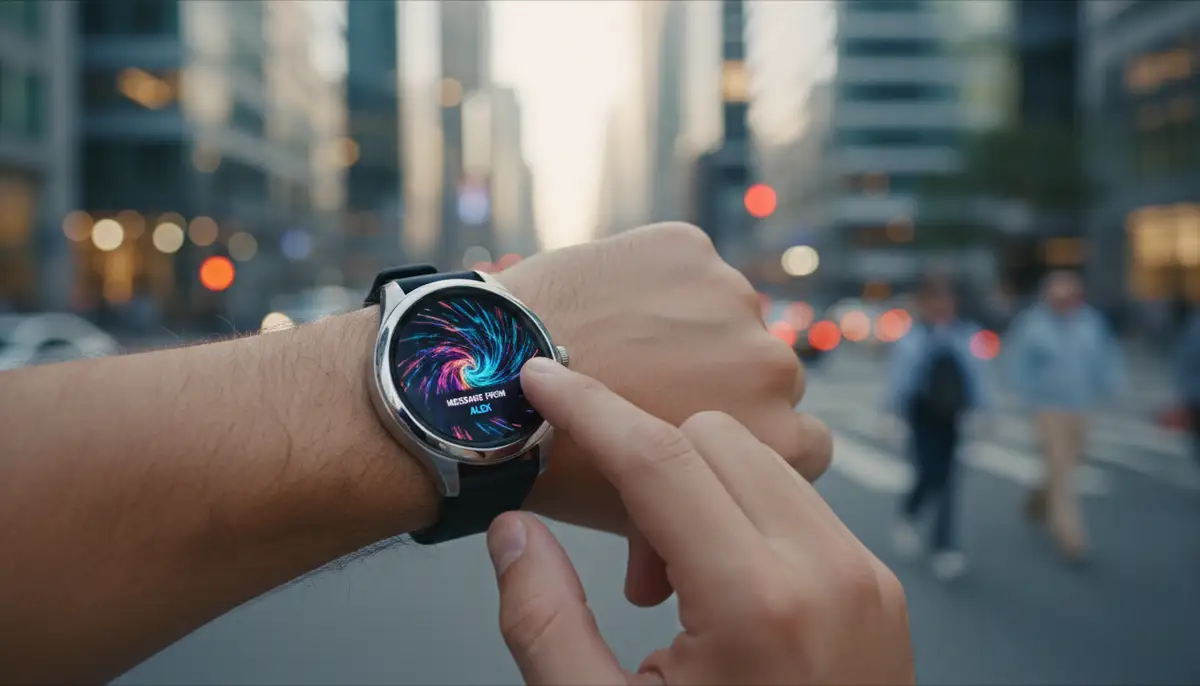 A person wearing a GUESS hybrid smartwatch, checking a notification on their wrist, with a vibrant digital watch face, in a contemporary urban setting., high-quality photography, professional lighting, sharp focus, realistic, detailed