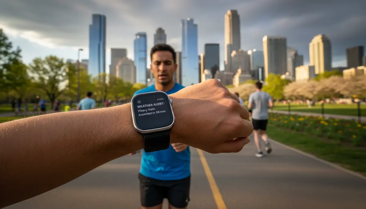 A person wearing a sleek Apple Watch, looking at notifications on their wrist while jogging in a park, with a modern city skyline in the background, vibrant and dynamic., high-quality photography, professional lighting, sharp focus, realistic, detailed