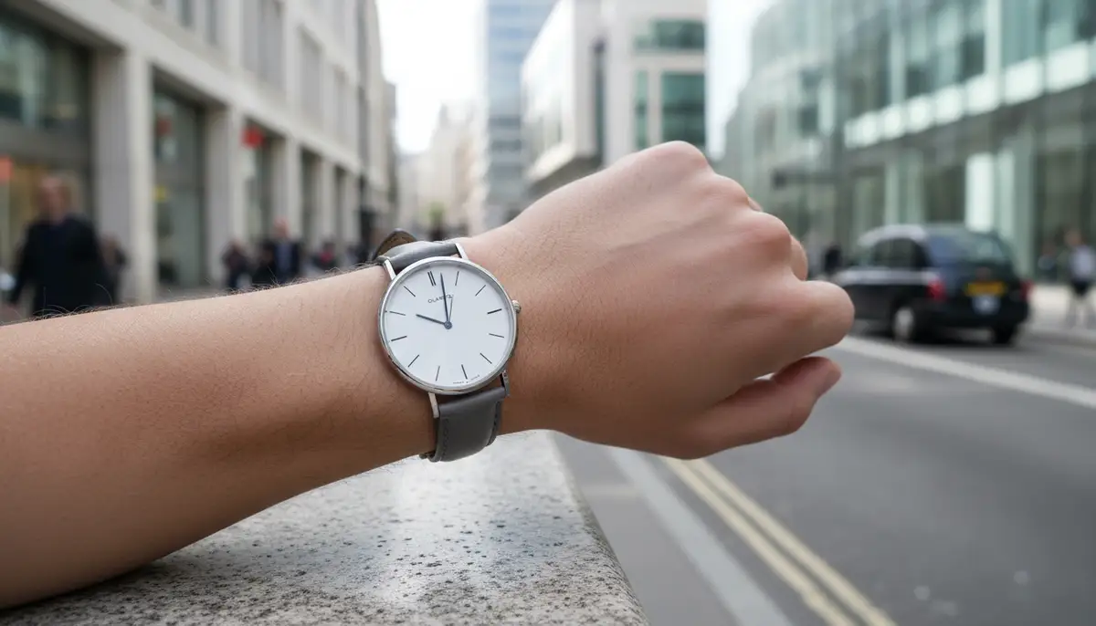 A person wearing a sleek, minimalist quartz watch on their wrist, showcasing its elegance and everyday wearability in an urban setting., high-quality photography, professional lighting, sharp focus, realistic, detailed