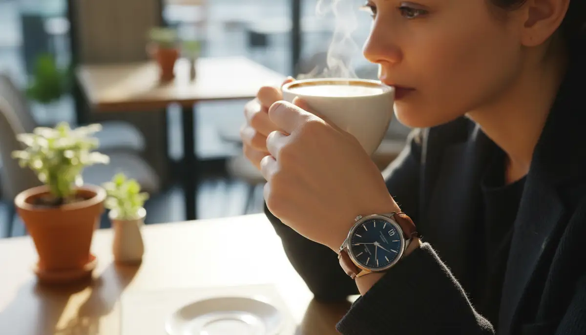 A person wearing a sophisticated CS Collection automatic watch, checking the time while enjoying a cup of coffee at a stylish cafe., high-quality photography, professional lighting, sharp focus, realistic, detailed