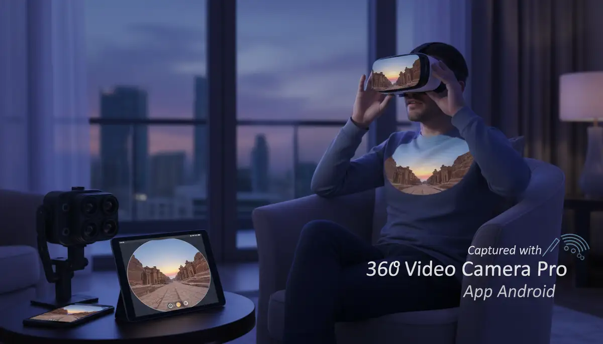 A person wearing a VR headset, immersed in a 360 video created using a 360 video camera app Android, depicting a travel destination or an event., high-quality photography, professional lighting, sharp focus, realistic, detailed