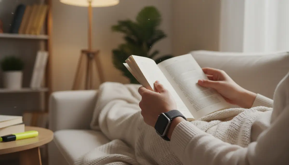 A person wearing an Apple Watch with a comfortable Sport Loop, relaxing at home, reading a book, highlighting the breathability and casual comfort., high-quality photography, professional lighting, sharp focus, realistic, detailed