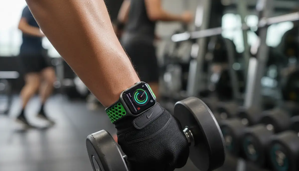 A person wearing an Apple Watch with a Nike band, actively engaged in a workout, with a blurred gym background., high-quality photography, professional lighting, sharp focus, realistic, detailed