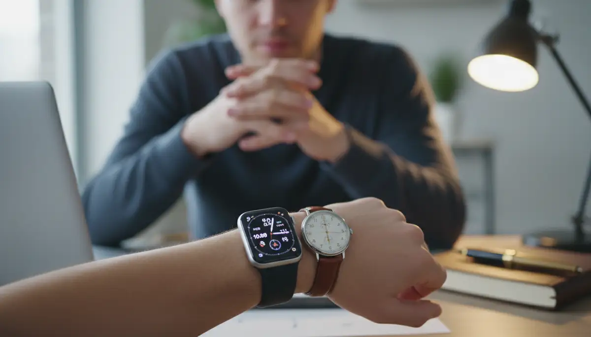 A person wearing both an Apple Watch on one wrist and a mechanical watch on the other, symbolizing the dilemma of choice and the blend of technology and tradition., high-quality photography, professional lighting, sharp focus, realistic, detailed