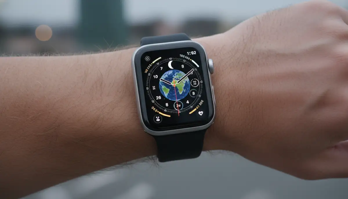 A person with a larger wrist wearing a 46mm Apple Watch, demonstrating its readability and prominent display, possibly using a complex watch face., high-quality photography, professional lighting, sharp focus, realistic, detailed