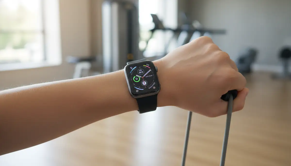 A person with a smaller wrist wearing a 42mm Apple Watch, showcasing how it fits comfortably and looks proportionate, perhaps engaging in light activity., high-quality photography, professional lighting, sharp focus, realistic, detailed