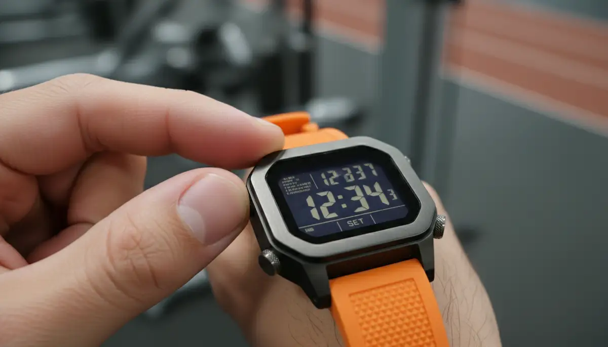 A person's fingers interacting with the buttons on a modern digital sports watch, displaying a flashing time setting., high-quality photography, professional lighting, sharp focus, realistic, detailed