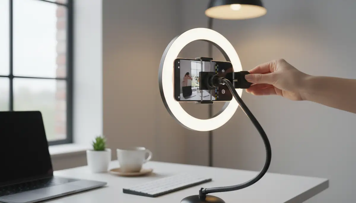 A person's hand adjusting a ring light positioned in front of an Android phone mounted on a flexible arm, with a clean, well-lit workspace in the background., high-quality photography, professional lighting, sharp focus, realistic, detailed