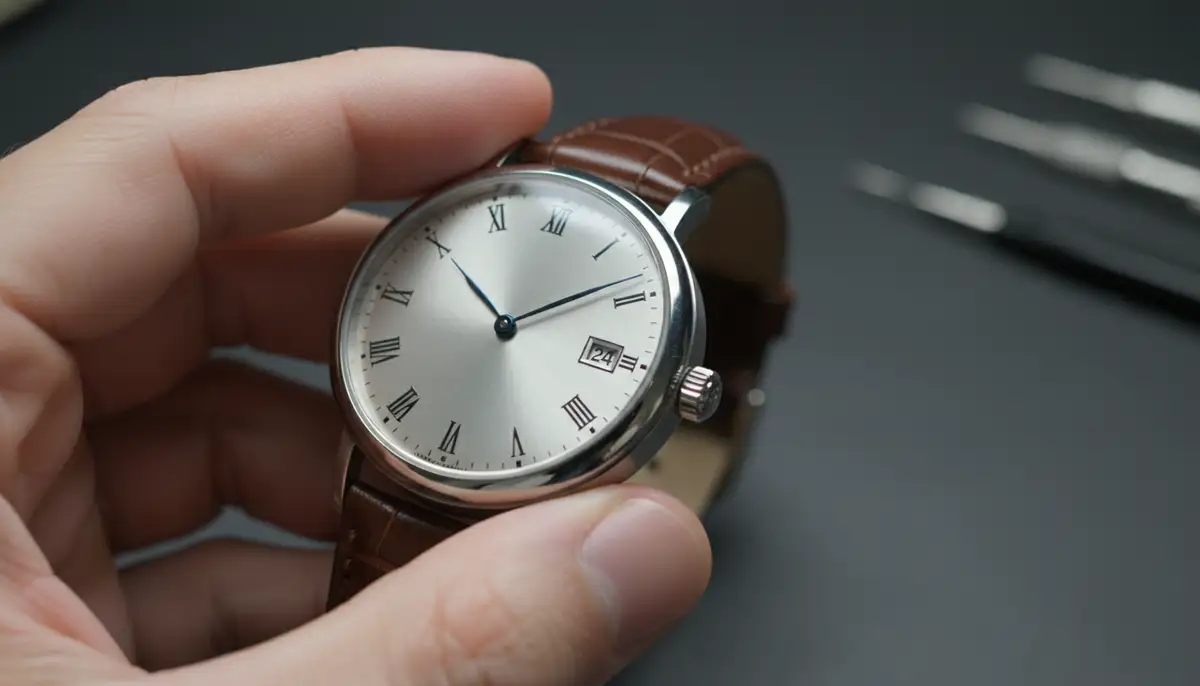 A person's hand adjusting the crown of an analog watch, with a clear view of the watch face and hands., high-quality photography, professional lighting, sharp focus, realistic, detailed