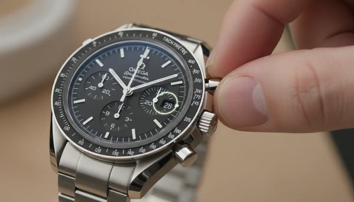 A person's hand carefully adjusting the date on an OMEGA Speedmaster, with the watch face clearly visible and the date window highlighted., high-quality photography, professional lighting, sharp focus, realistic, detailed