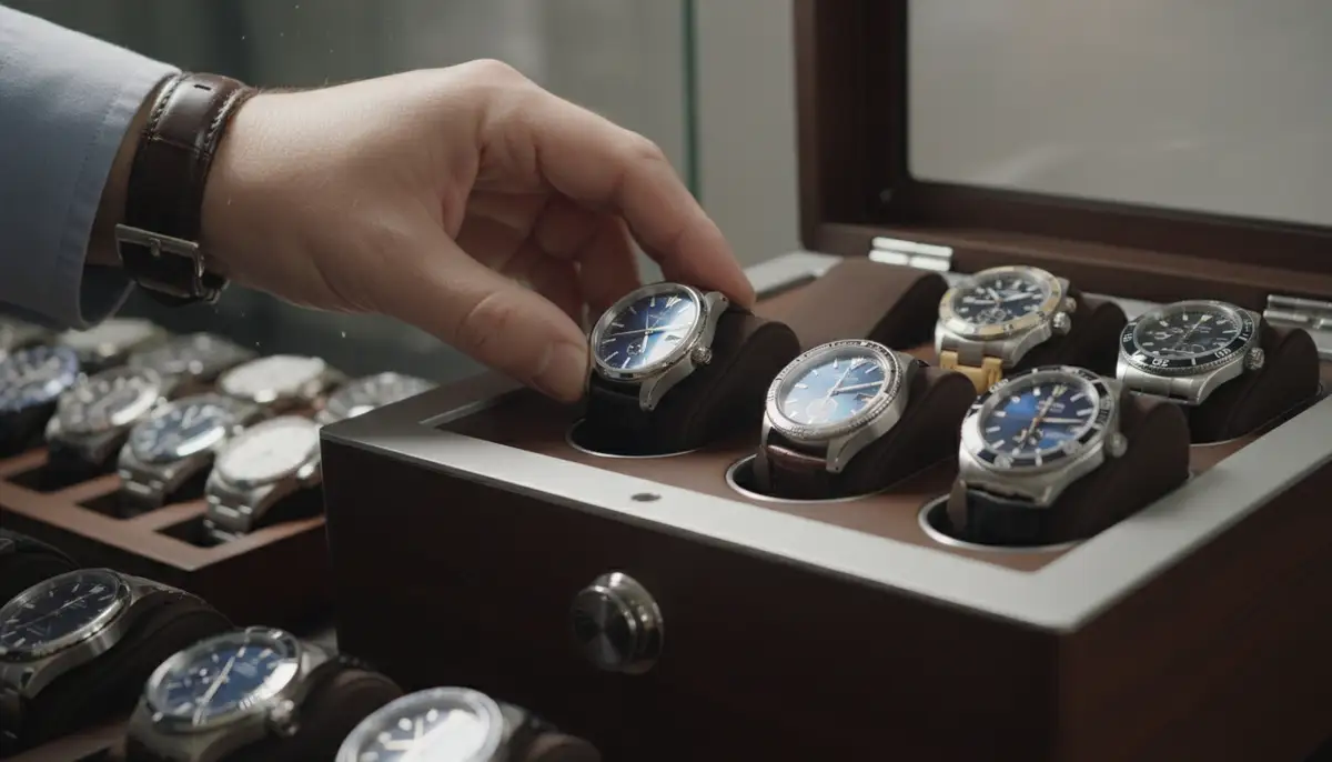A person's hand carefully placing a watch into a watch winder, with other watches visible in the background, emphasizing care and maintenance., high-quality photography, professional lighting, sharp focus, realistic, detailed