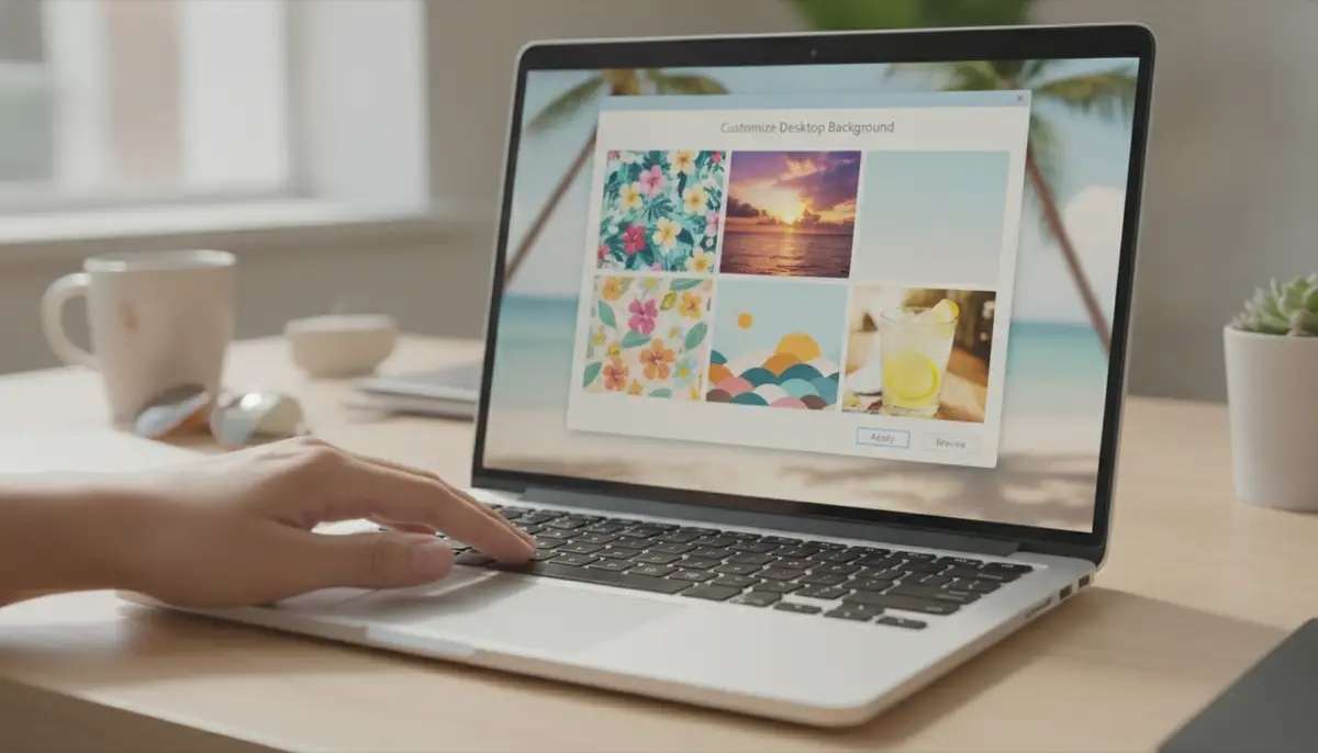 A person's hand customizing a summer desktop background wallpaper on a laptop, with various options like floral patterns, sunset views, and abstract summer art., high-quality photography, professional lighting, sharp focus, realistic, detailed