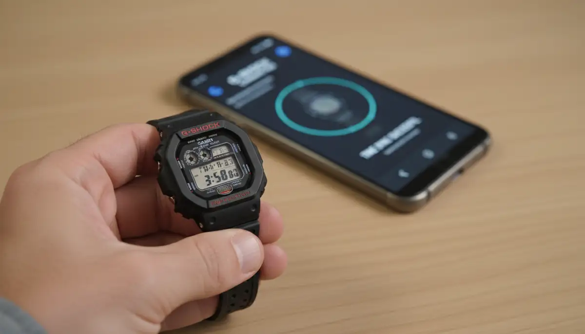 A person's hand holding a G-Shock watch, with a smartphone in the background displaying the G-Shock Connected app, illustrating the Bluetooth time sync feature., high-quality photography, professional lighting, sharp focus, realistic, detailed