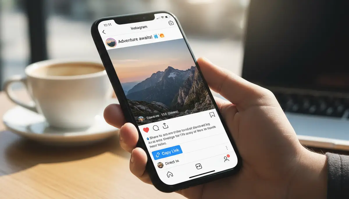 A person's hand holding a smartphone, clearly showing the Instagram app open with a post, and the 'Copy Link' option highlighted on the screen., high-quality photography, professional lighting, sharp focus, realistic, detailed