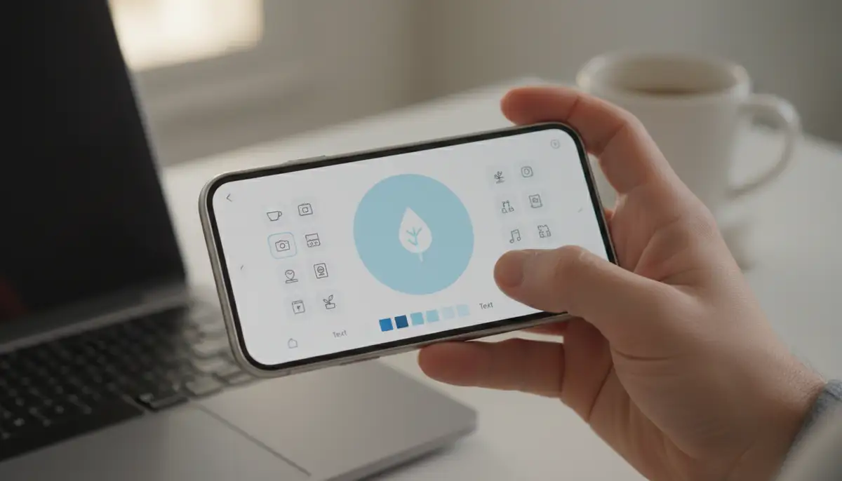 A person's hand holding a smartphone, designing a custom highlight cover using a simple graphic design app, with various icon options visible., high-quality photography, professional lighting, sharp focus, realistic, detailed