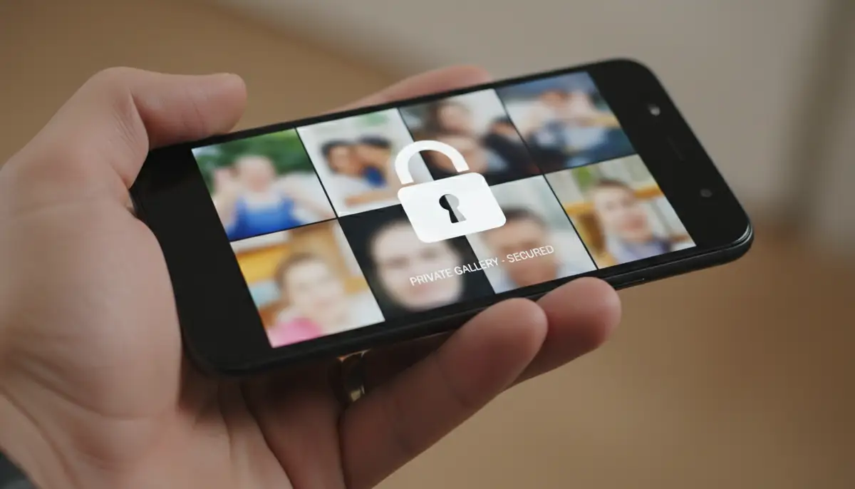 A person's hand holding a smartphone, with a lock icon overlaying a gallery of blurred photos on the screen, symbolizing privacy and security., high-quality photography, professional lighting, sharp focus, realistic, detailed