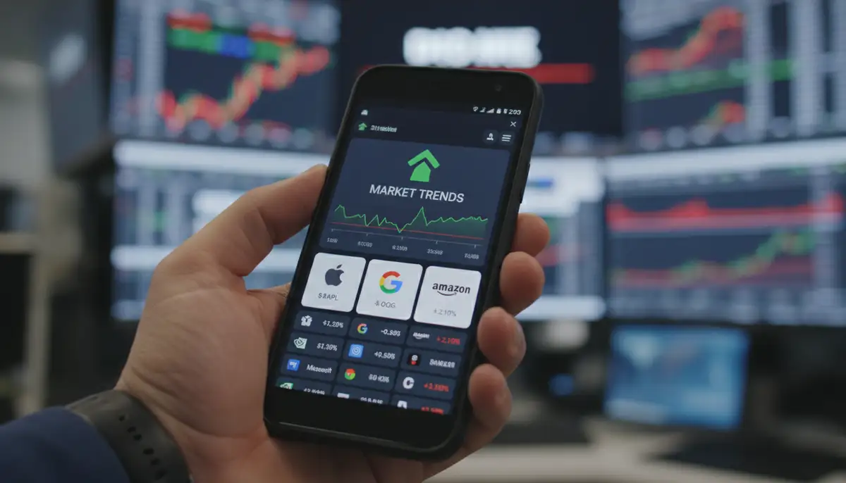 A person's hand holding an Android smartphone displaying multiple stock widgets on the home screen, showing various company logos and real-time price movements, with a blurred financial news background., high-quality photography, professional lighting, sharp focus, realistic, detailed