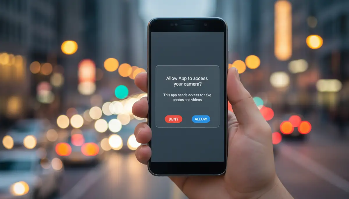 A person's hand holding an Android smartphone, with a pop-up on the screen asking for camera permission, set against a blurred background of a city street., high-quality photography, professional lighting, sharp focus, realistic, detailed