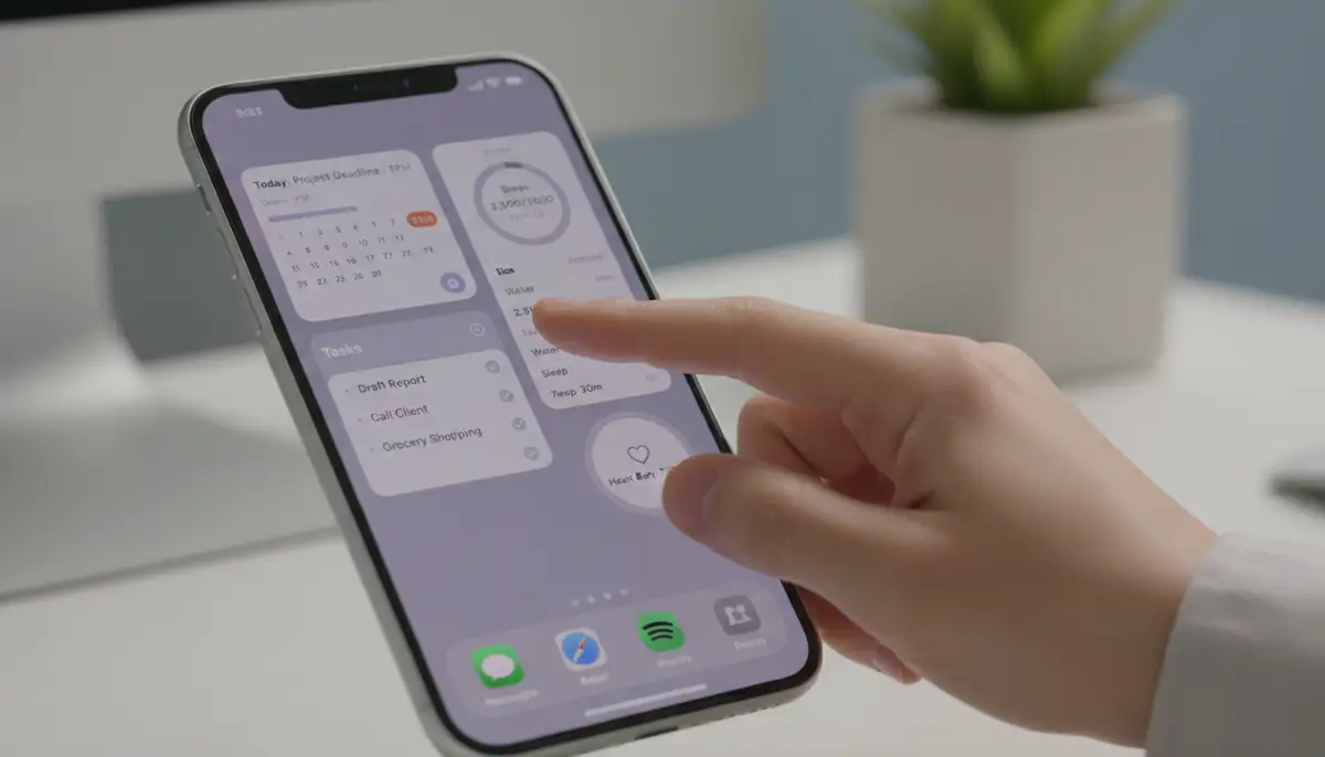A person's hand interacting with a customized iPhone home screen, showing different sized widgets for productivity and health tracking., high-quality photography, professional lighting, sharp focus, realistic, detailed