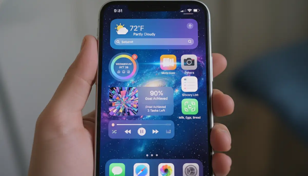 A person's hand interacting with a highly customized iPhone home screen filled with various functional and aesthetic widgets, showcasing a vibrant and organized layout., high-quality photography, professional lighting, sharp focus, realistic, detailed