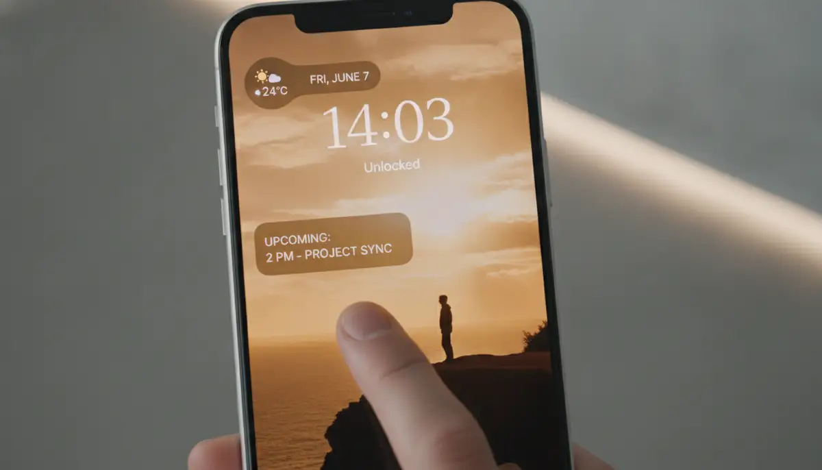 A person's hand interacting with a highly customized iPhone lock screen background featuring dynamic widgets and a personalized photo, set against a modern, minimalist background., high-quality photography, professional lighting, sharp focus, realistic, detailed