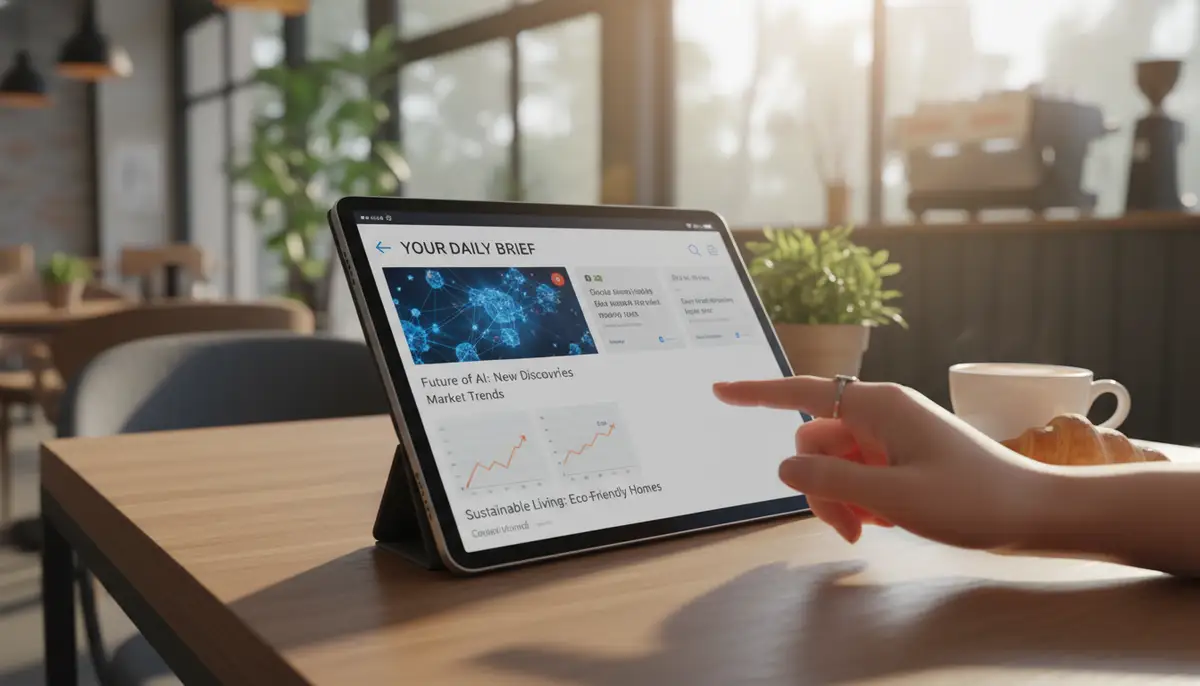 A person's hand interacting with a news app widget on a tablet, scrolling through personalized news feeds in a modern, well-lit cafe., high-quality photography, professional lighting, sharp focus, realistic, detailed