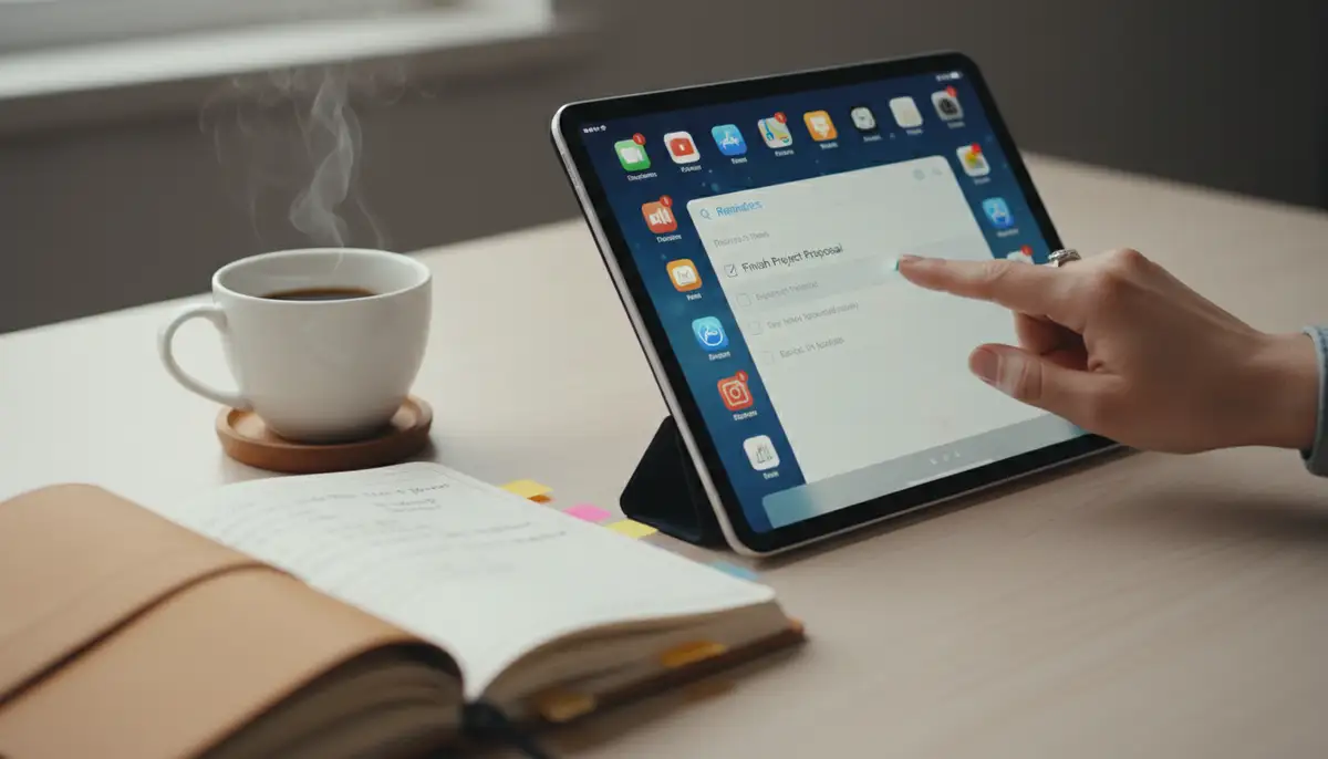 A person's hand interacting with a reminders app widget on an iPad, tapping to mark a task as complete, with a coffee cup and planner nearby., high-quality photography, professional lighting, sharp focus, realistic, detailed