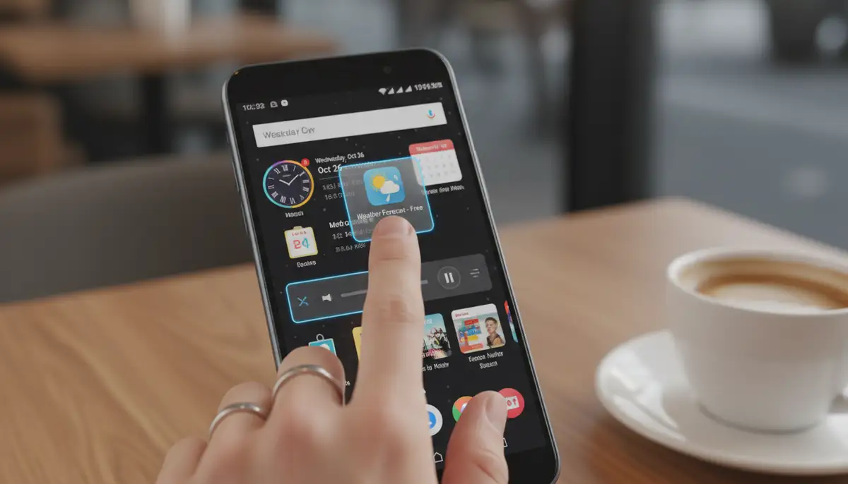 A person's hand interacting with a smartphone, dragging and dropping a new free widget onto the Android home screen, surrounded by other customized widgets., high-quality photography, professional lighting, sharp focus, realistic, detailed