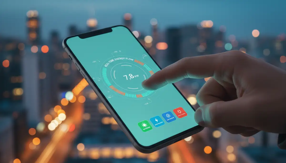 A person's hand interacting with a smartphone, showing a dynamic, interactive widget displaying real-time data or controls, set against a blurred city background., high-quality photography, professional lighting, sharp focus, realistic, detailed