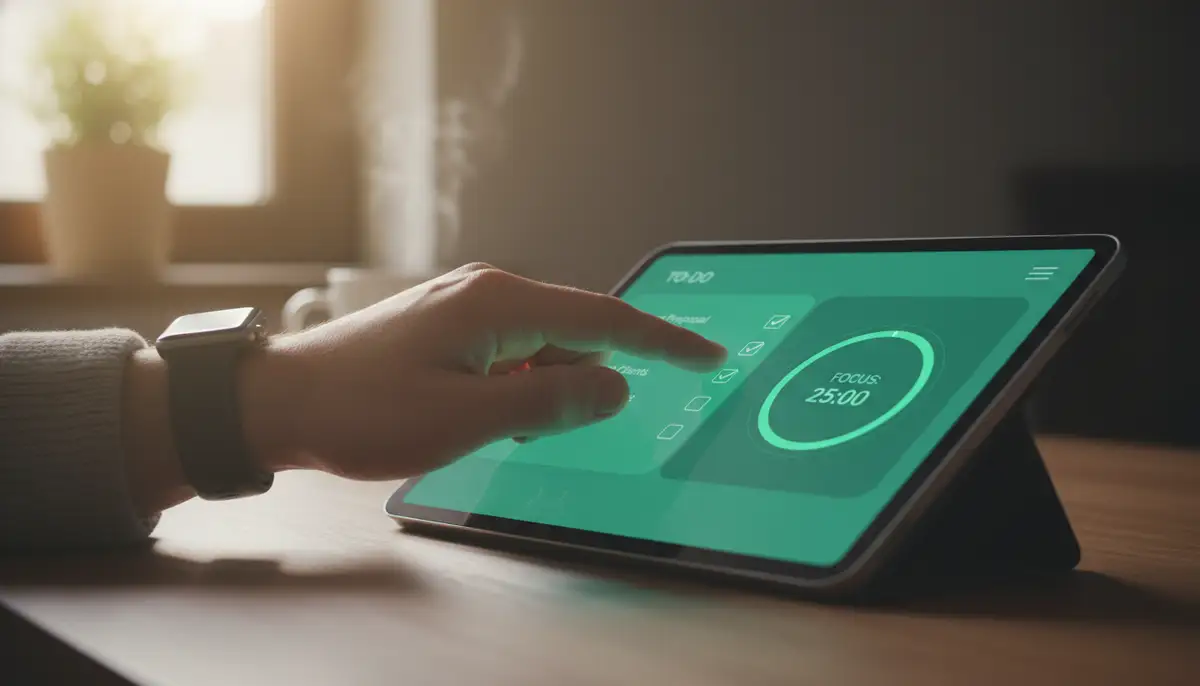 A person's hand interacting with a tablet displaying a vibrant green productivity widget, showing a to-do list with checkboxes and a focus timer, surrounded by soft, natural light., high-quality photography, professional lighting, sharp focus, realistic, detailed