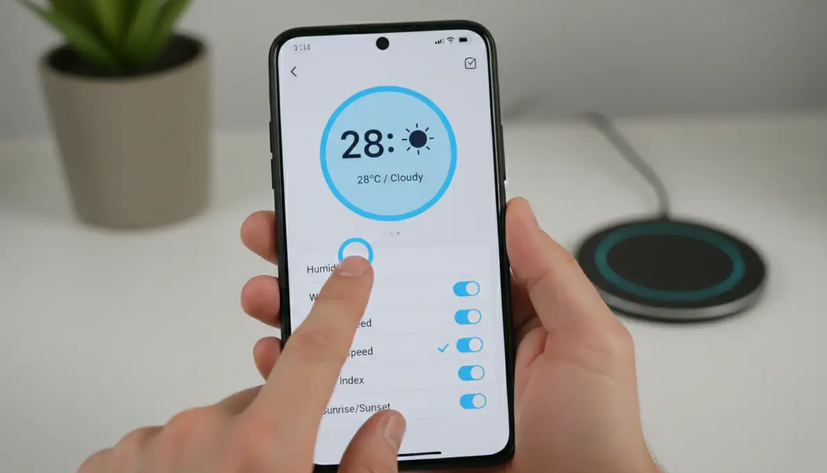A person's hand interacting with an Android phone, customizing a stock widget with various color options and data fields, focus on user interface., high-quality photography, professional lighting, sharp focus, realistic, detailed