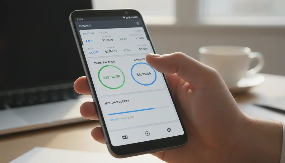 A person's hand interacting with an Android phone home screen displaying various finance widgets, showing stock prices, bank balances, and a budget tracker, with a modern, clean UI., high-quality photography, professional lighting, sharp focus, realistic, detailed
