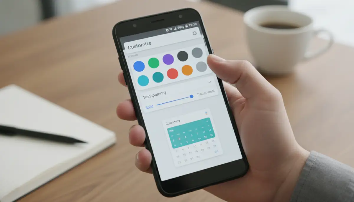 A person's hand interacting with an Android phone, tapping on the Google Calendar widget settings to change its appearance, with various color and transparency options visible., high-quality photography, professional lighting, sharp focus, realistic, detailed
