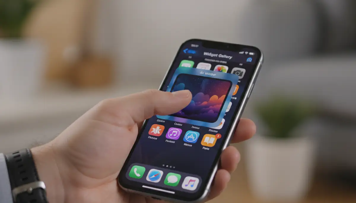 A person's hand interacting with an iPhone, dragging a custom image widget from the widget gallery onto the Home Screen, with a blurred background., high-quality photography, professional lighting, sharp focus, realistic, detailed