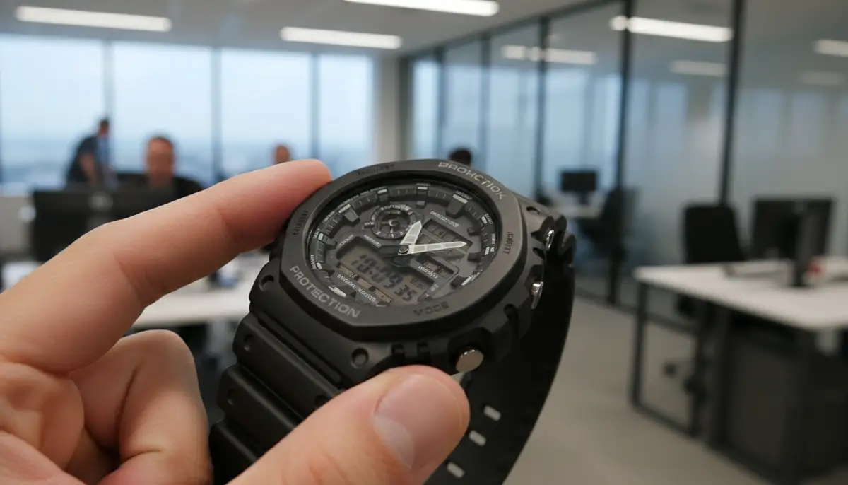 A person's hand interacting with the buttons of an analog-digital G-Shock watch, setting the time, with a blurred background of a modern office., high-quality photography, professional lighting, sharp focus, realistic, detailed