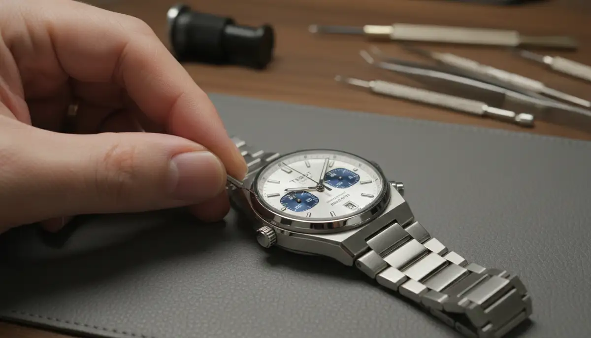 A person's hand meticulously adjusting the date on a Tissot chronograph watch, with other watch tools subtly in the background, emphasizing precision., high-quality photography, professional lighting, sharp focus, realistic, detailed