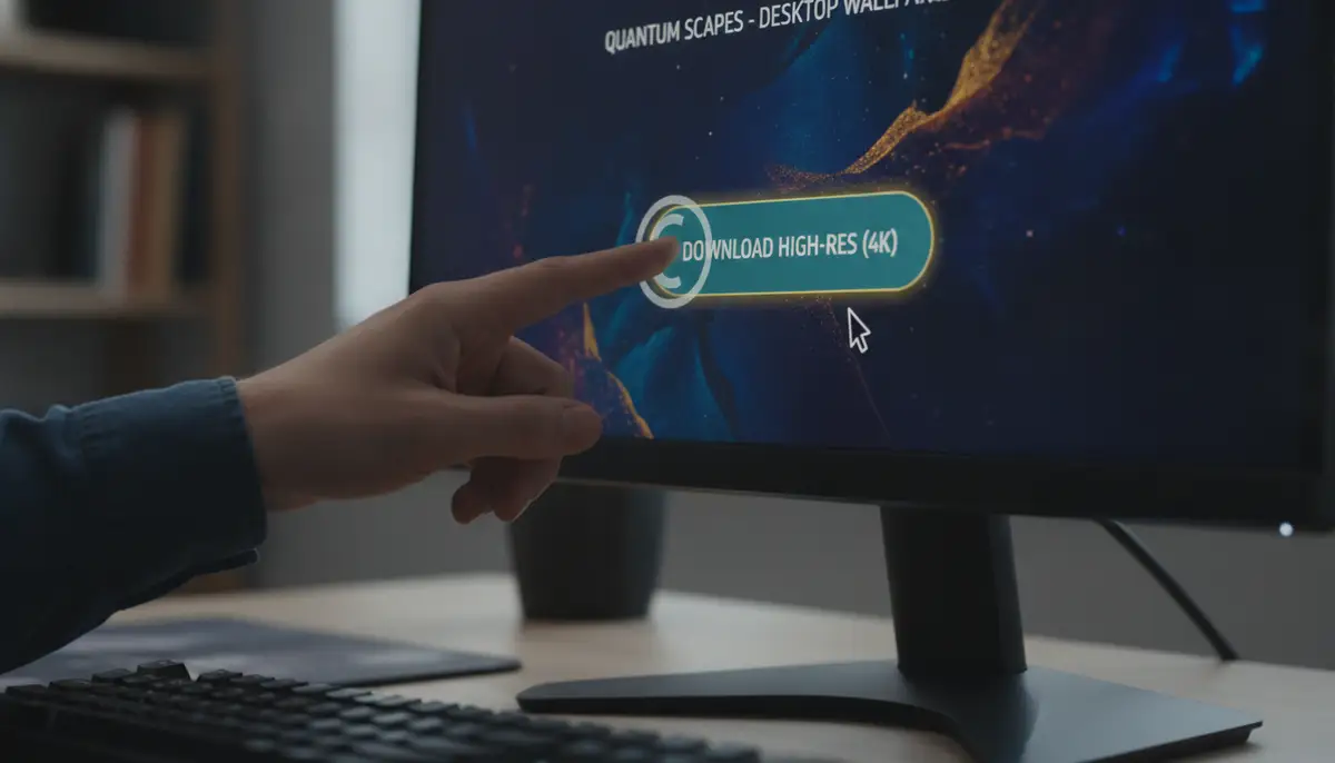 A person's hand navigating a website on a computer screen, highlighting the download button for a new desktop background, with a subtle overlay of a magnifying glass icon., high-quality photography, professional lighting, sharp focus, realistic, detailed