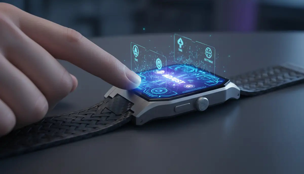 A person's hand pressing a button on a sleek, modern digital watch to adjust settings, with a futuristic interface on the watch face., high-quality photography, professional lighting, sharp focus, realistic, detailed