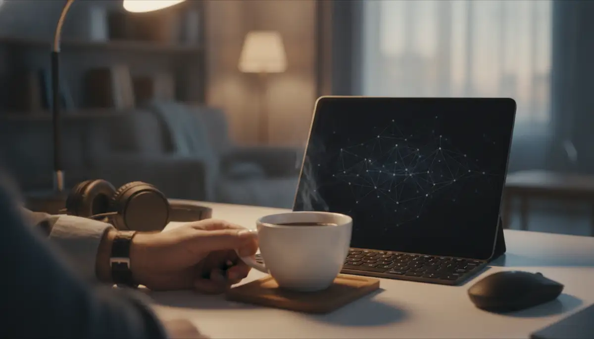A person's hand reaching for a coffee cup, with a tablet in the background showing a dynamic black colour background wallpaper featuring subtle geometric patterns in a cozy, tech-savvy environment., high-quality photography, professional lighting, sharp focus, realistic, detailed