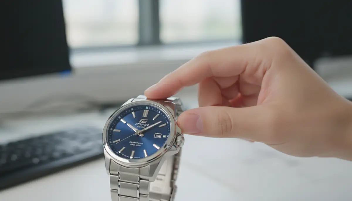 A person's hand rotating the crown of an analog Casio Edifice watch to set the date, with a blurred background of a modern office., high-quality photography, professional lighting, sharp focus, realistic, detailed