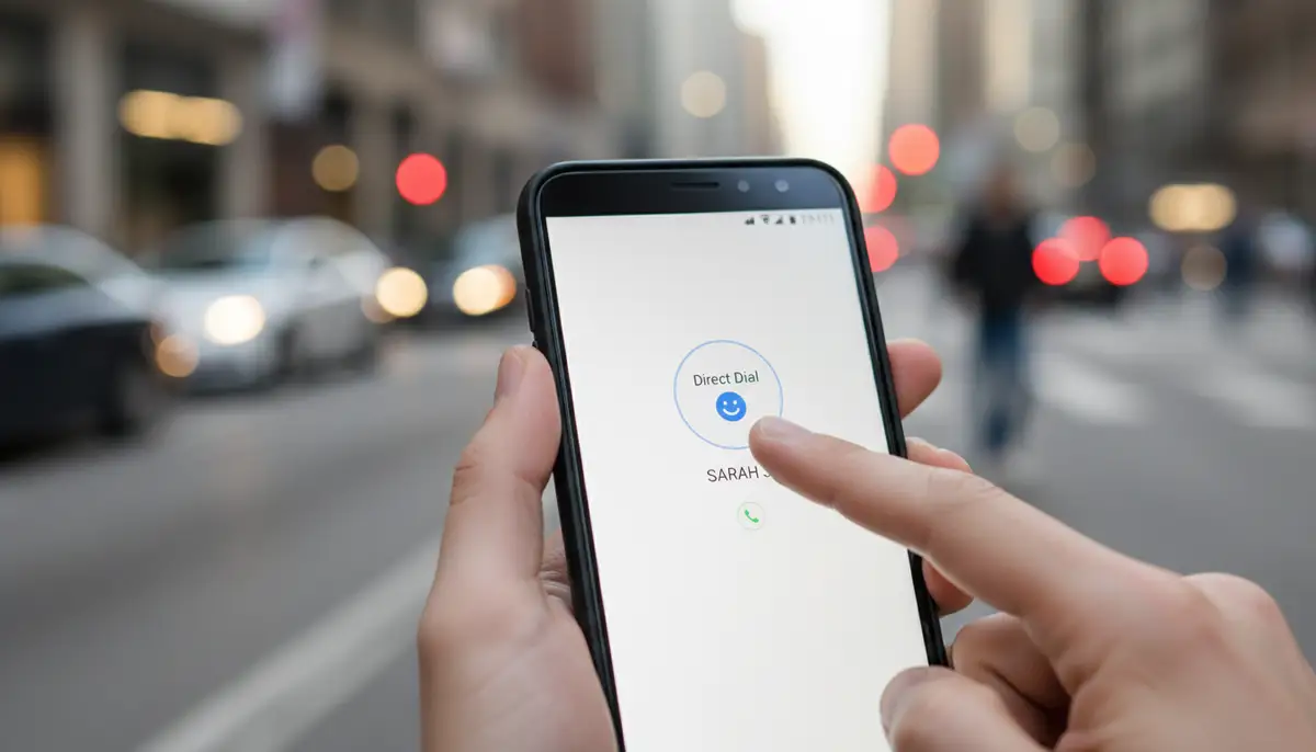 A person's hand tapping a direct dial contact widget on an Android phone, with a blurred background suggesting a busy, on-the-go scenario., high-quality photography, professional lighting, sharp focus, realistic, detailed
