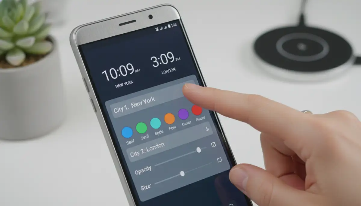A person's hand tapping on a dual clock widget on an Android phone, showing customization options like changing colors, fonts, and city names in a clean user interface., high-quality photography, professional lighting, sharp focus, realistic, detailed