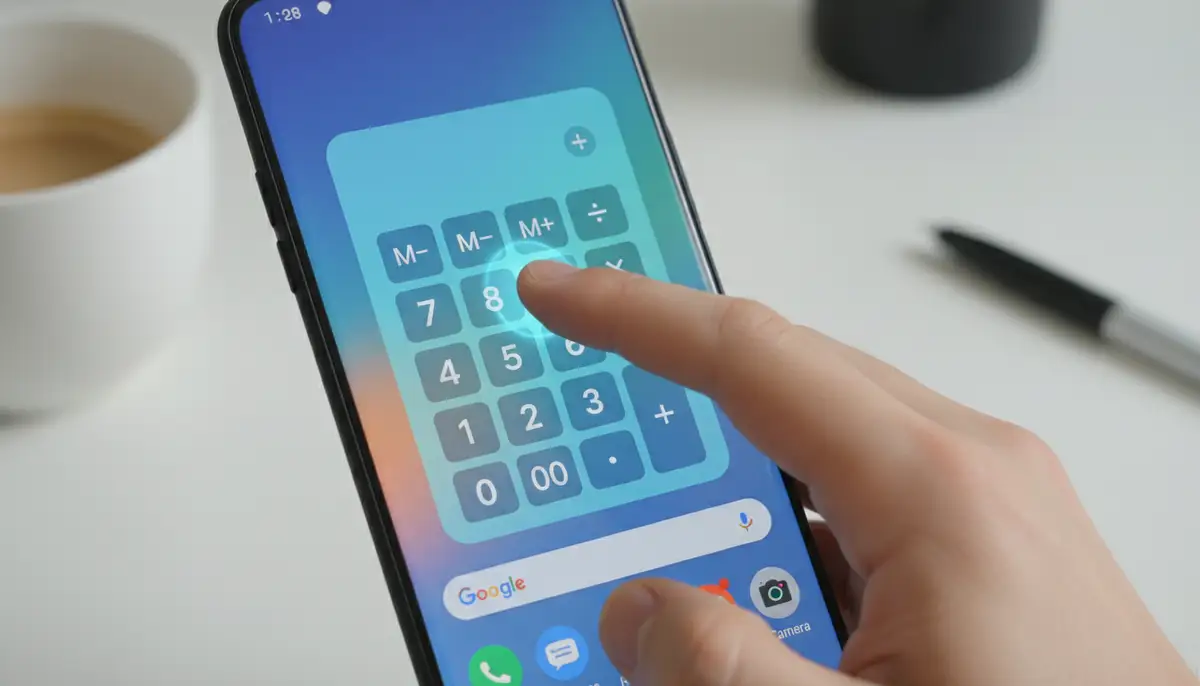A person's hand tapping on an Android phone's home screen, interacting with a responsive calculator widget, with a focus on ease of use and quick access., high-quality photography, professional lighting, sharp focus, realistic, detailed
